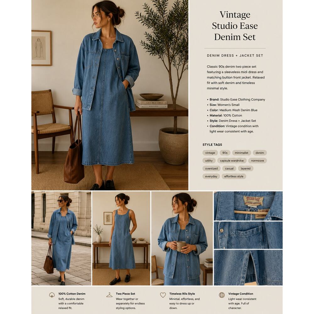 Vintage Studio Ease Denim Dress & Jacket Set 90s Minimal Utility ✨